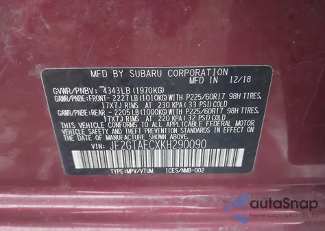 2019 Subaru Crosstrek 2.0I Premium from USA, damaged, VIN JF2GTAECXKH290090